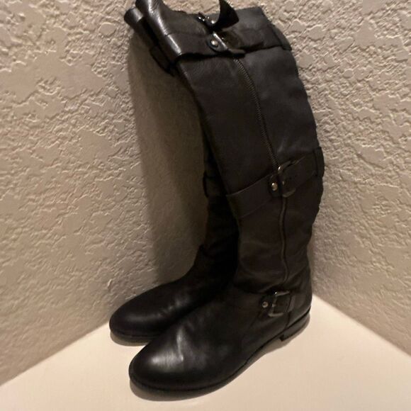 Stuart Weitzman Size 10 Triple Buckle Tall Riding Boots Black Leather Edgy Alt - Picture 2 of 9